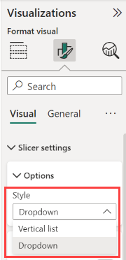 Screenshot of the Format pane, Dropdown or Vertical list slicer.