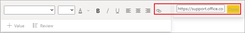 Screenshot of a text box, highlighting the hyperlink field.
