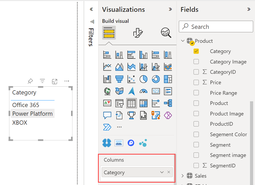 Screenshot of the Category field in the Columns well.