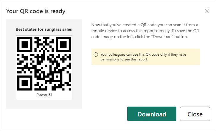 Screenshot of a dialog, showing the QR code is ready to download or save.