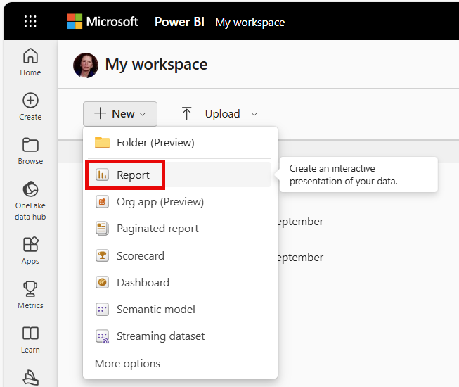 Screenshot of My workspace, highlighting the New dropdown menu and the New report option.