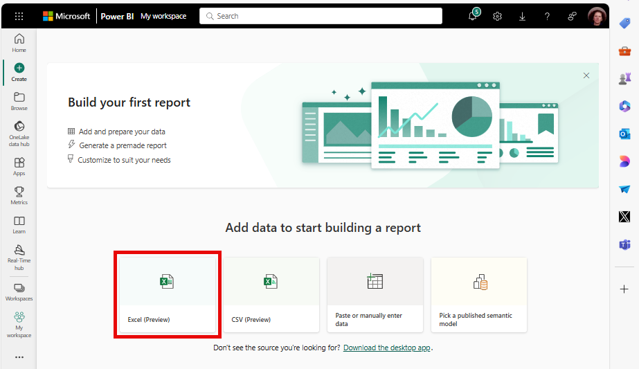 Screenshot of My Workspace, highlighting the Excel data source option.