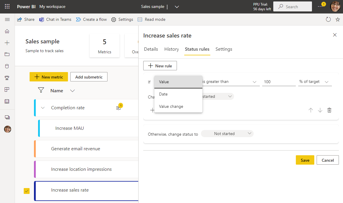 Screenshot of First dropdown in rule UI showing date or value.