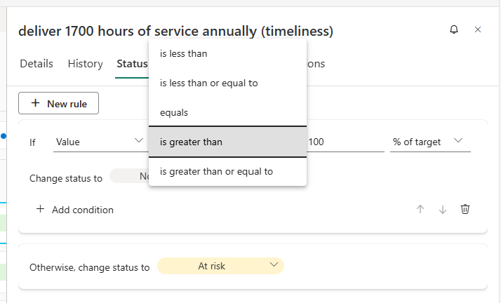 Screenshot of Second dropdown showing qualifiers such as greater than or equal to.