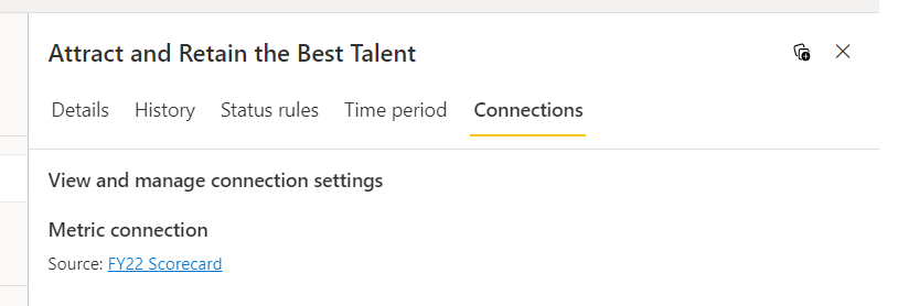 Screenshot showing details of the linked metric in Connections pane.