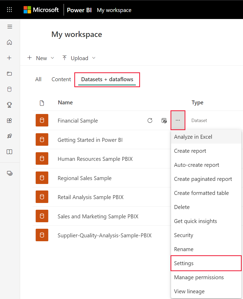 Screenshot of My workspace in the Power BI service, highlighting Semantic models and dataflows.