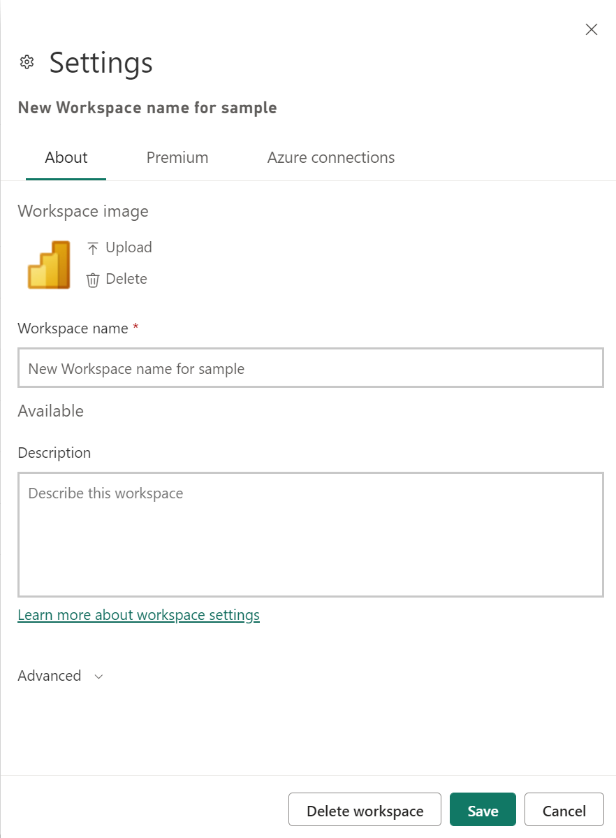 Screenshot of the Settings menu in the Power BI service.