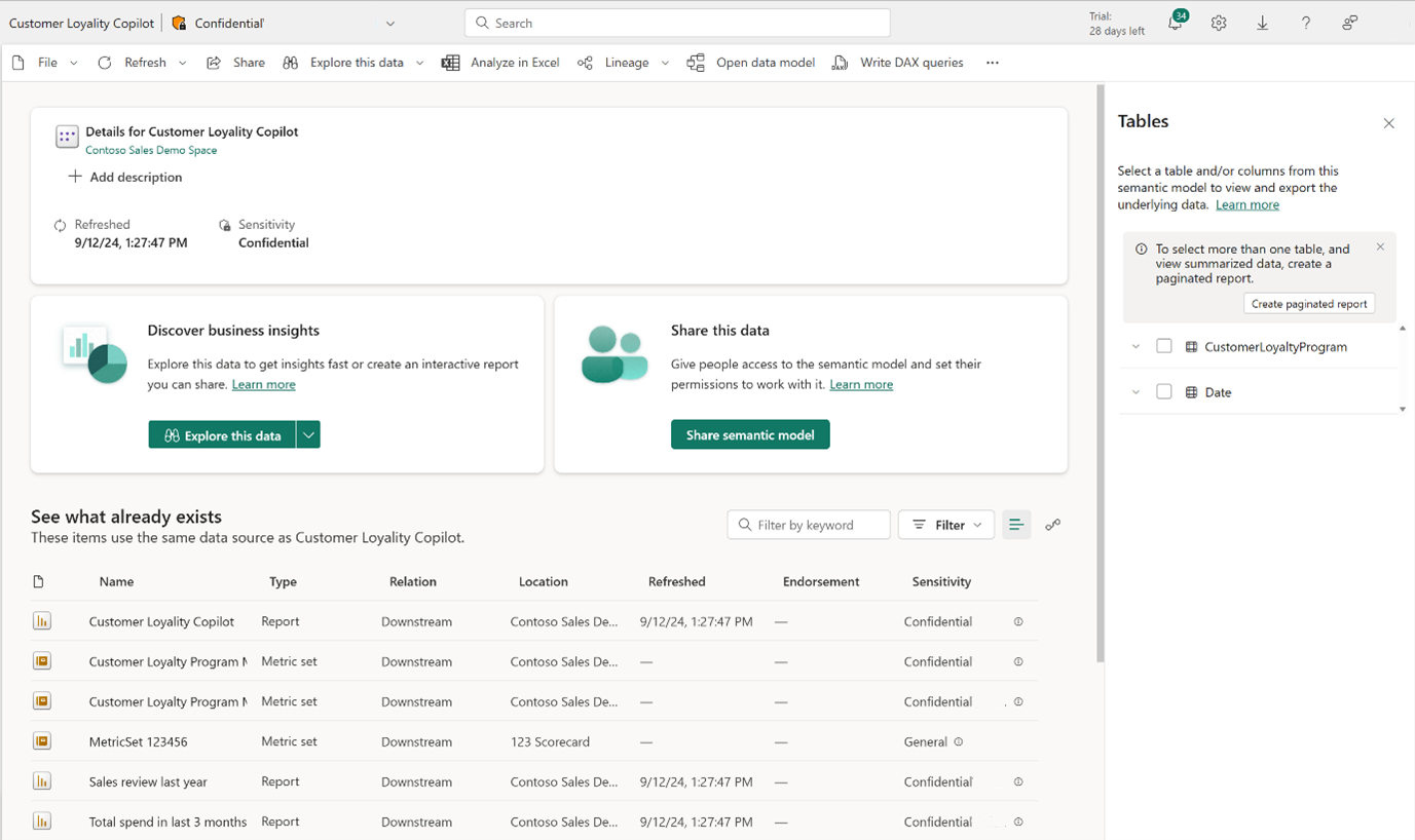 Screenshot showing the semantic model view with the see what exists table displayed.