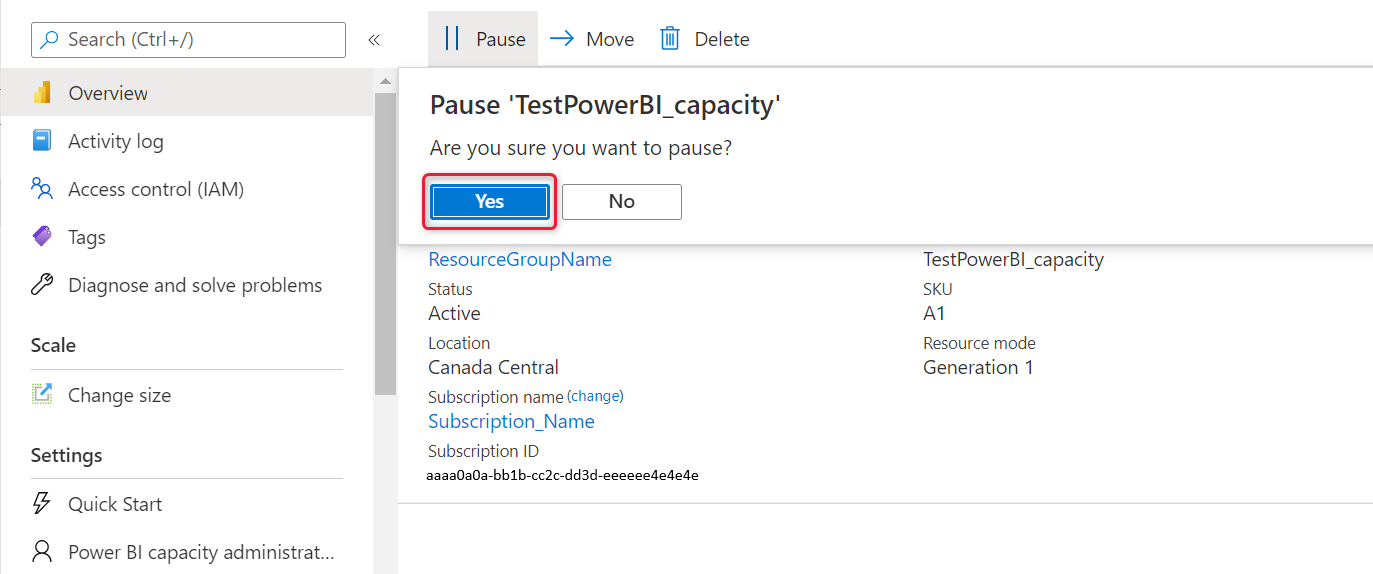 Screenshot of the Azure portal, which shows the highlighted Yes button in the pause capacity dialog.