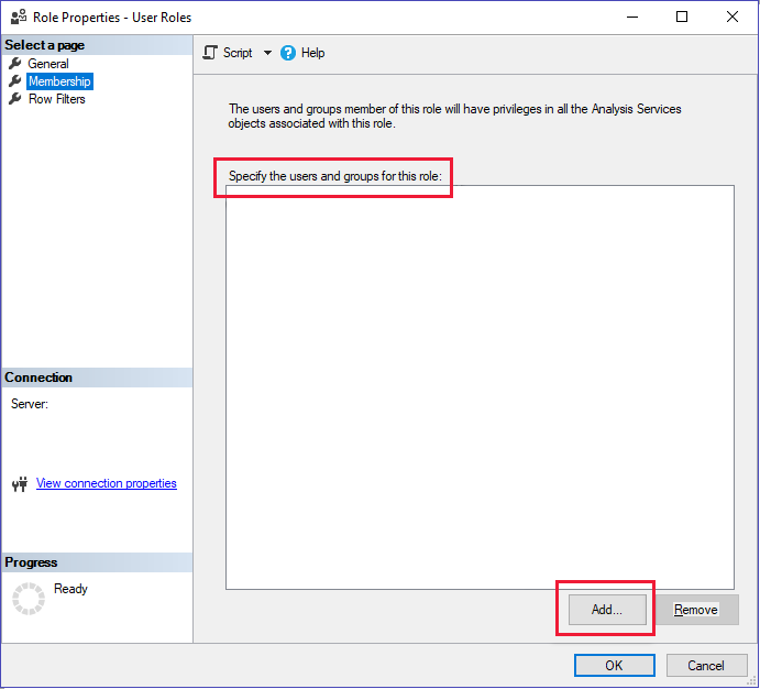 A screenshot of adding users to a new role in Analysis Services server.