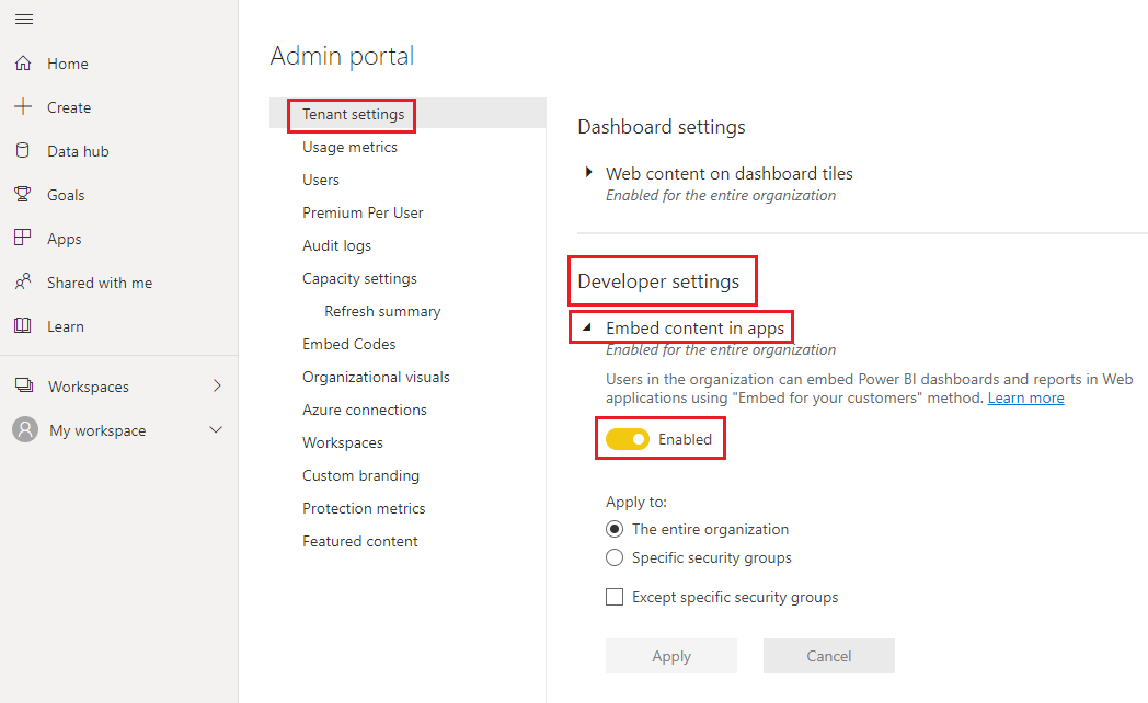 Screenshot of the Developer settings in the Tenant settings section of the Admin portal. The option for embedding content in apps is turned on.