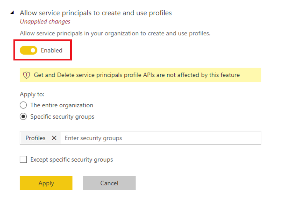 Screenshot of Admin portal showing the enable creating profiles switch.