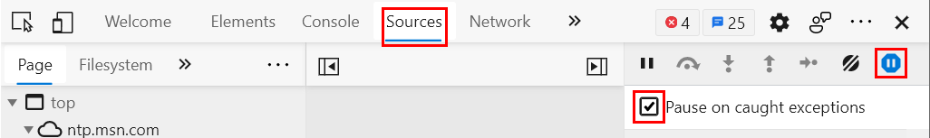 Screenshot of DevTools in Edge that shows the Sources tab with the pause option selected.