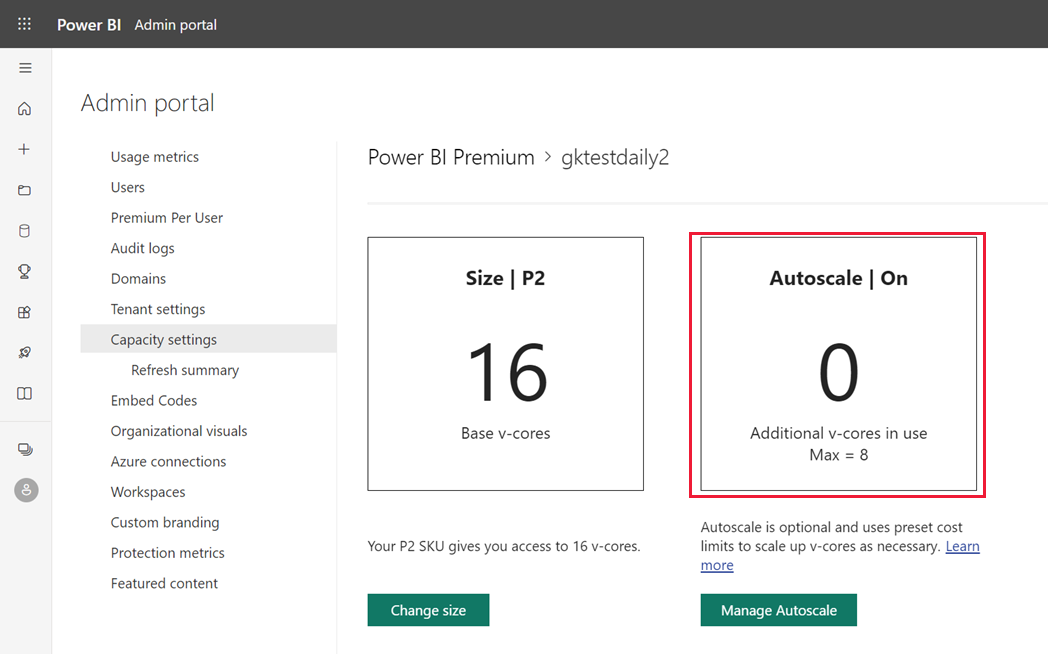 Screenshot of the capacity settings screen after Autoscale is set to on and configured.