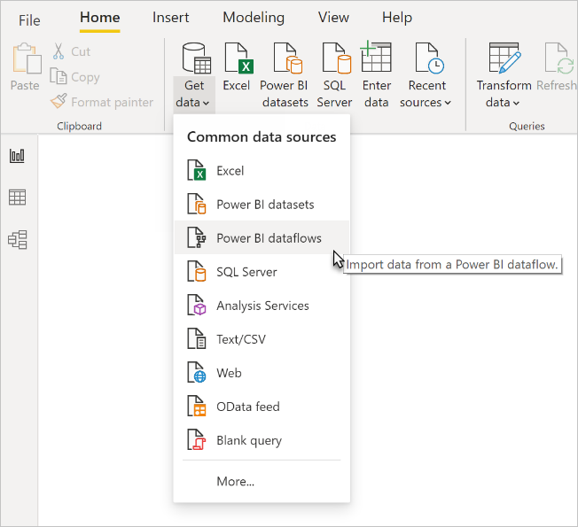 Screenshot of Power BI Desktop highlighting the Power BI dataflows option in the Get data dropdown.