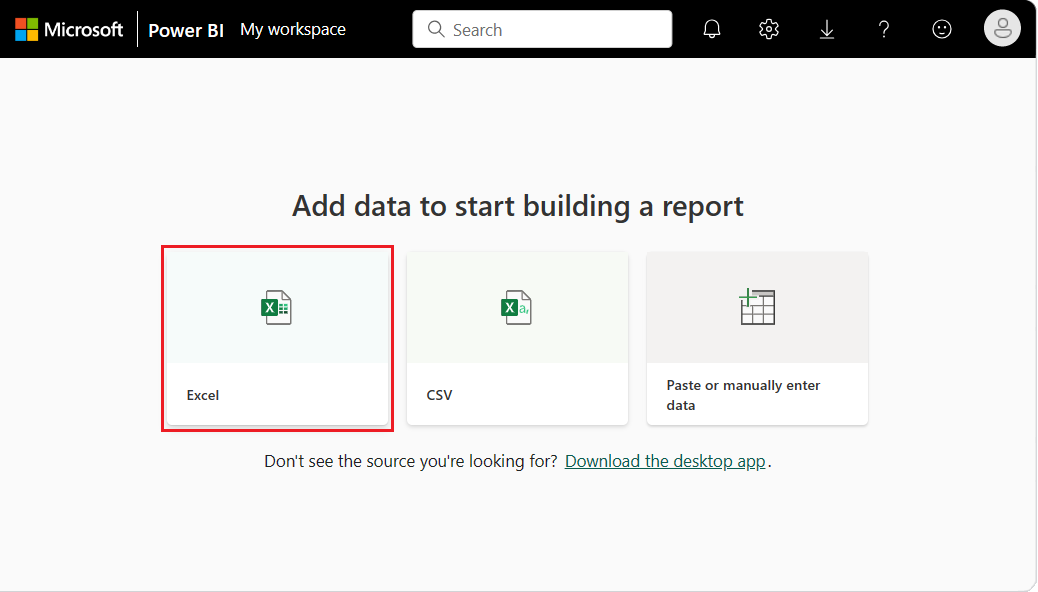 Screenshot that shows how to build a report from an Excel semantic model.