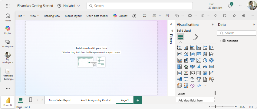 Screenshot that shows a blank report canvas in My workspace with the Visualizations and Data panes open.