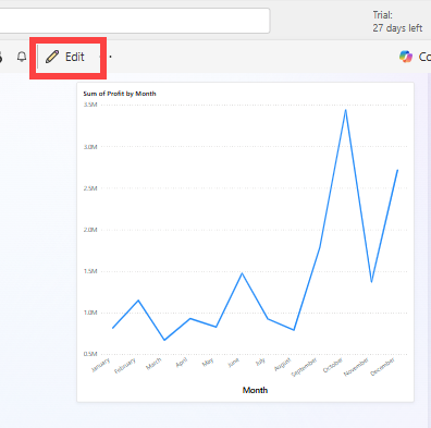 Screenshot that shows a visualization open in the report editor and the Edit option selected.