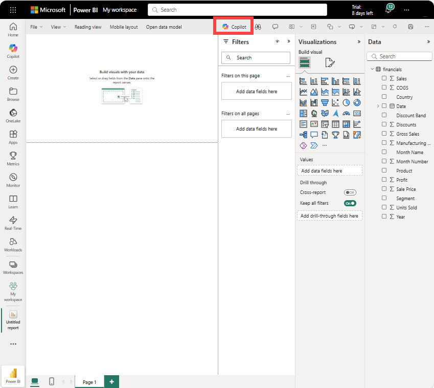 Screenshot that shows the imported Financial Sample semantic model page.