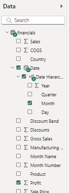 Screenshot that shows the Gross Sales and Date data items selected in the Data pane.