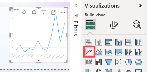 Screenshot that shows how to select the line chart display in the Visualizations pane.