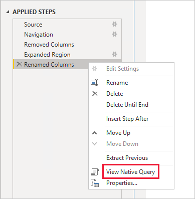 Screenshot showing Power BI Desktop and the View Native Query option under Applied Steps.