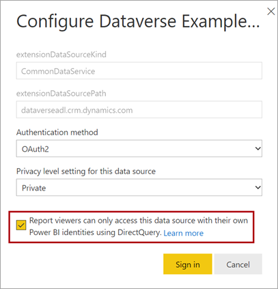 Screenshot shows the semantic model credentials window with the SSO option enabled.