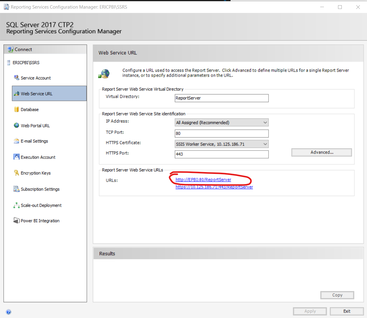 Screenshot of Reporting Services configuration tool showing web service url.