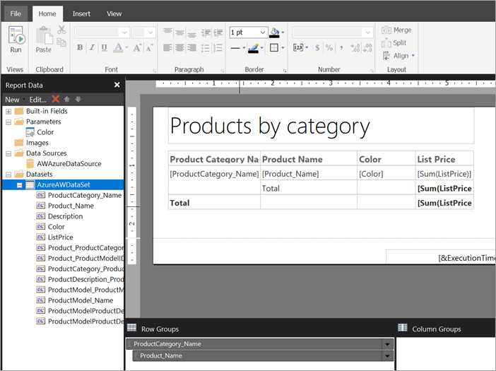 Screenshot of Dataset in Report Design View.