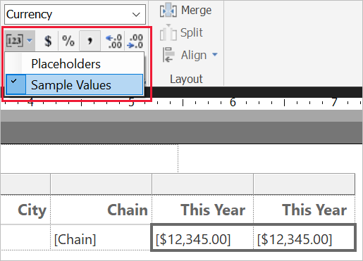 Screenshot of sample values for formatting.