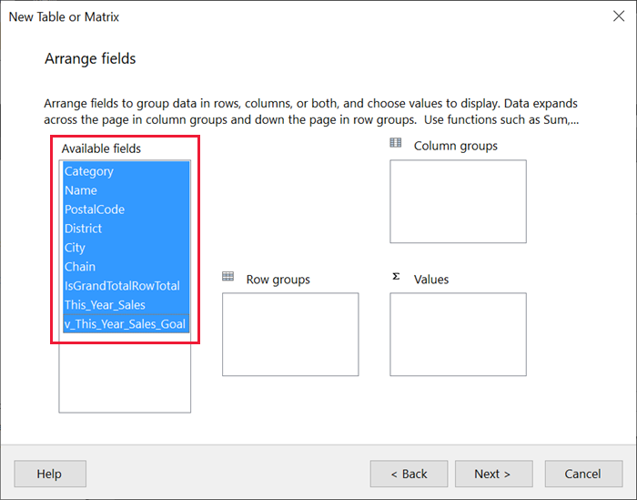 Screenshot of the available fields available in the Table Wizard.