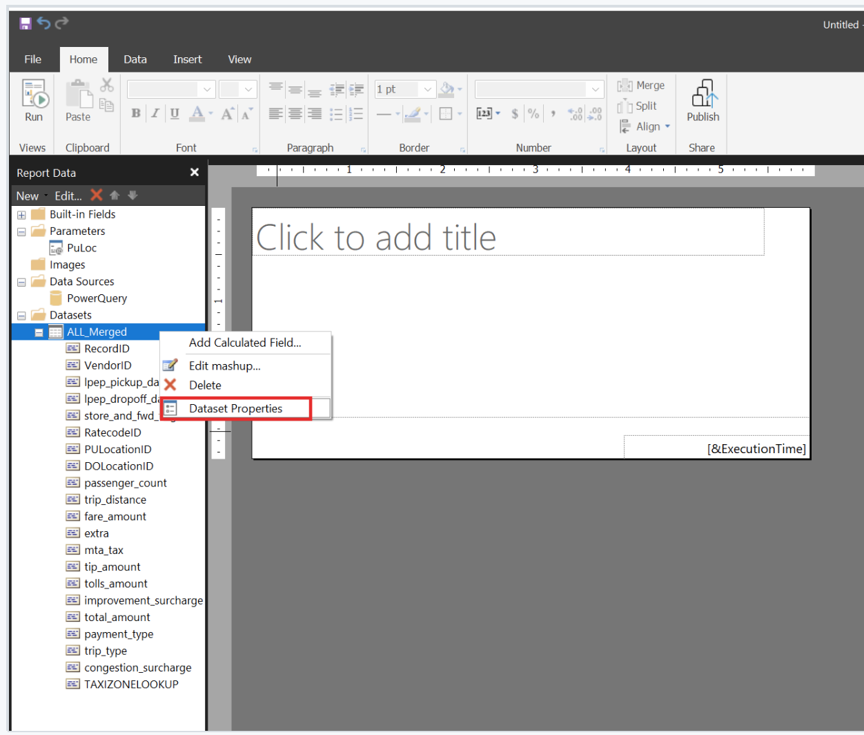 Screenshot showing dataset properties in Power BI Report Builder.