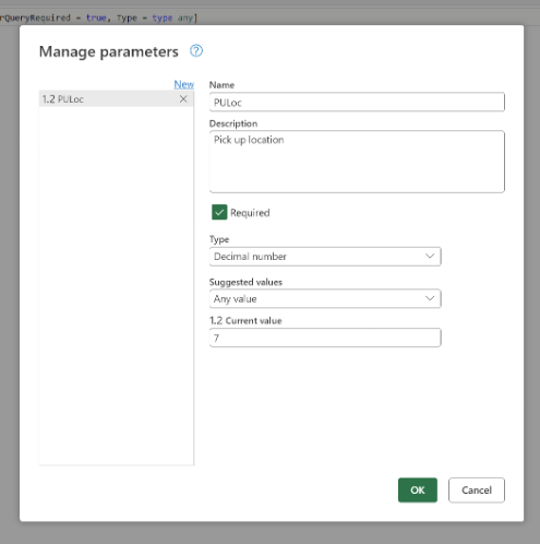 Screenshot showing new parameter in Power Query.