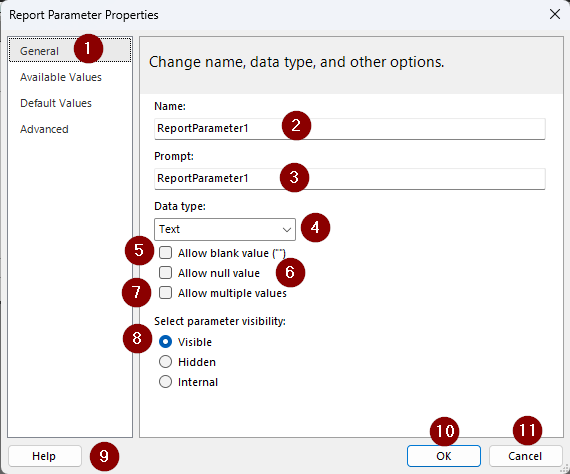 Screenshot showing Report Parameter Properties.