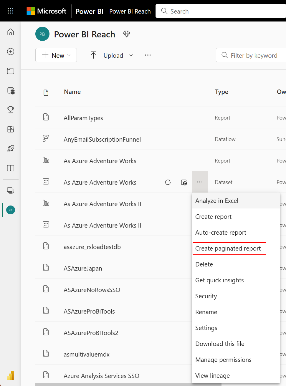 Screenshot of Create paginated report in the Power BI service.