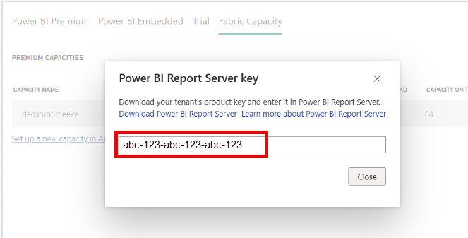 Screenshot of Power BI Report Server product key.