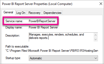 Report Server Windows Service properties