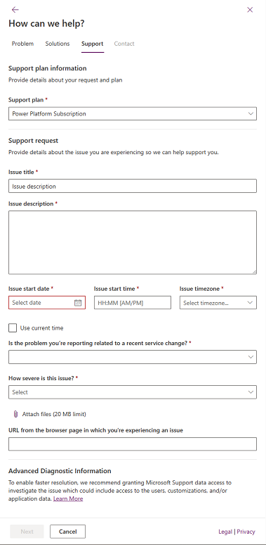 Screenshot of the Support tab, showing the required fields.