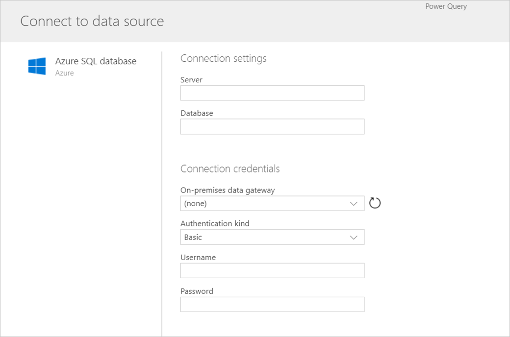 Screenshot of the form displayed after you choose Azure SQL as a connector.