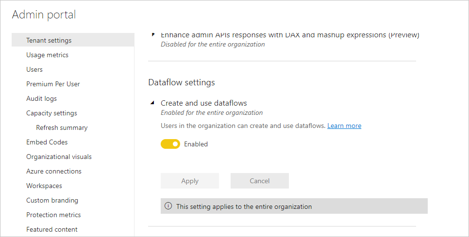 Admin portal for dataflows in Power BI premium