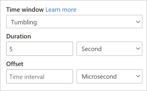 Screenshot that shows duration and offset settings for a tumbling time window.