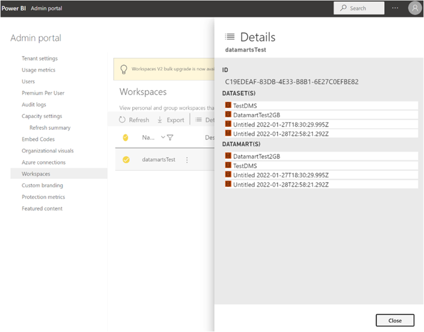 Screenshot of the admin portal to track datamarts.