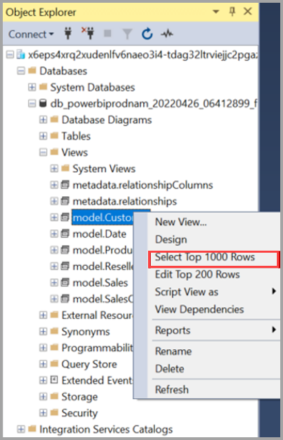 Screenshot of the context menu in object explorer.