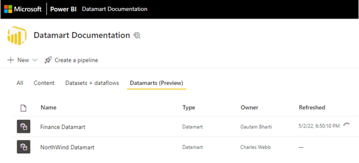 Screenshot of select datamart from list of datamarts.