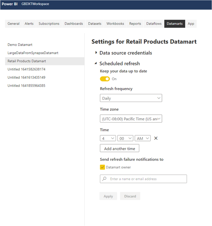 Screenshot of scheduled refresh for a datamart in the settings page.