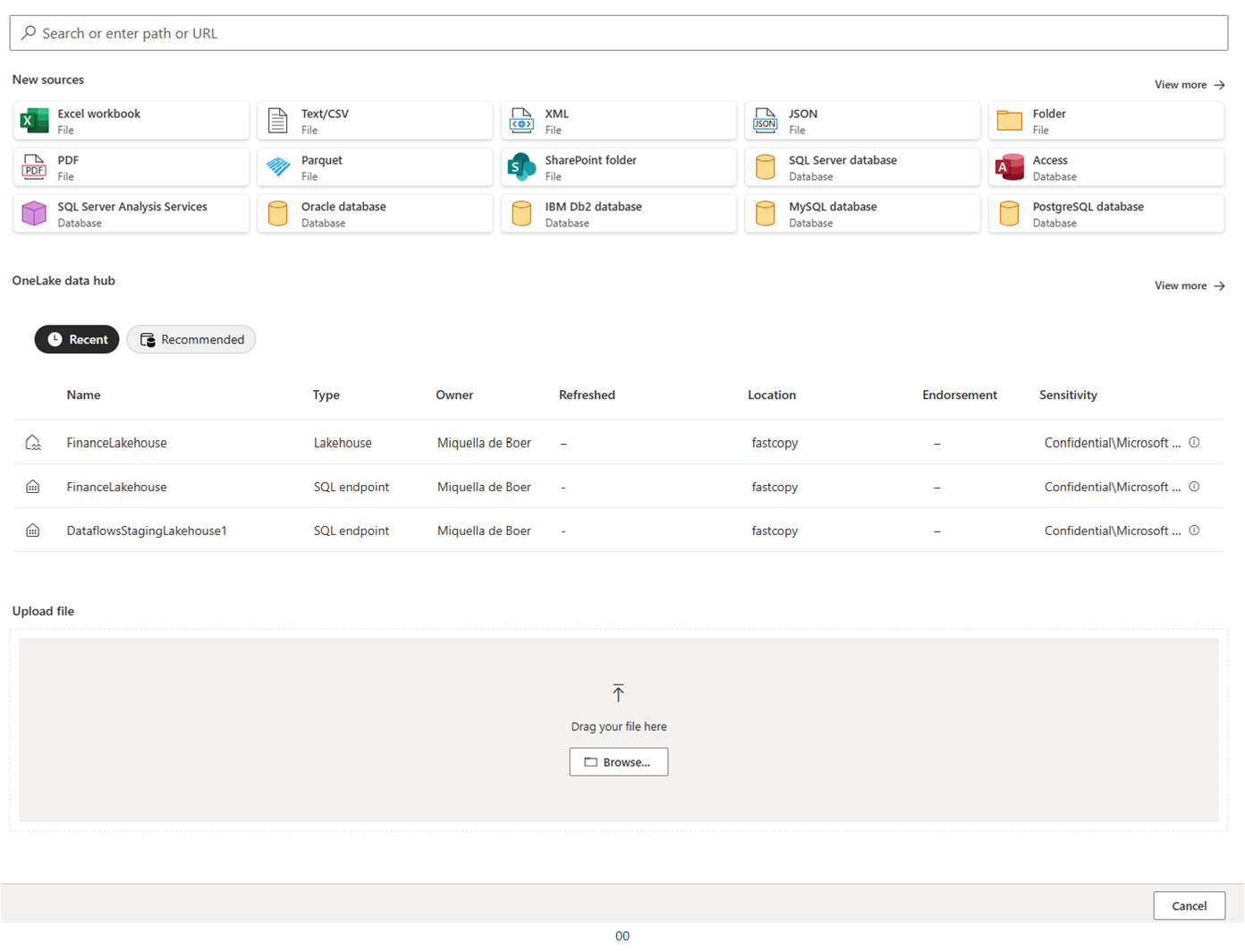 Screenshot of different data sources for a datamart.