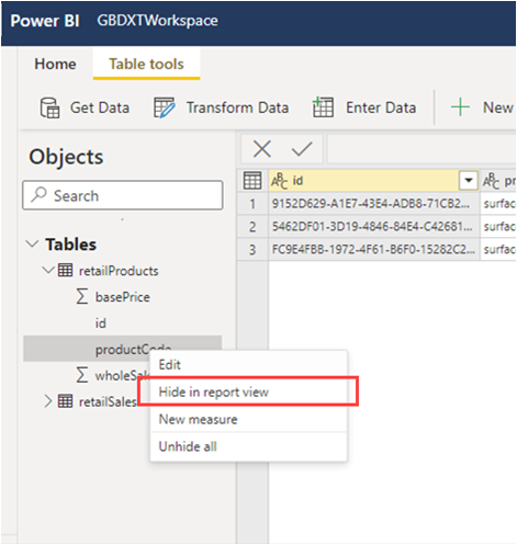 Screenshot of hiding an element from downstream reporting.