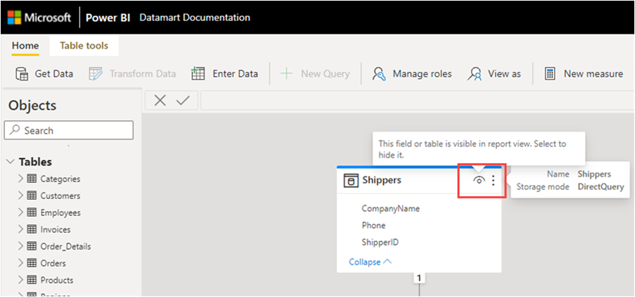 Screenshot of hiding an entire table from downstream reporting.