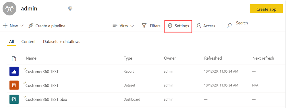 Screenshot of the settings pane in a Premium workspace.