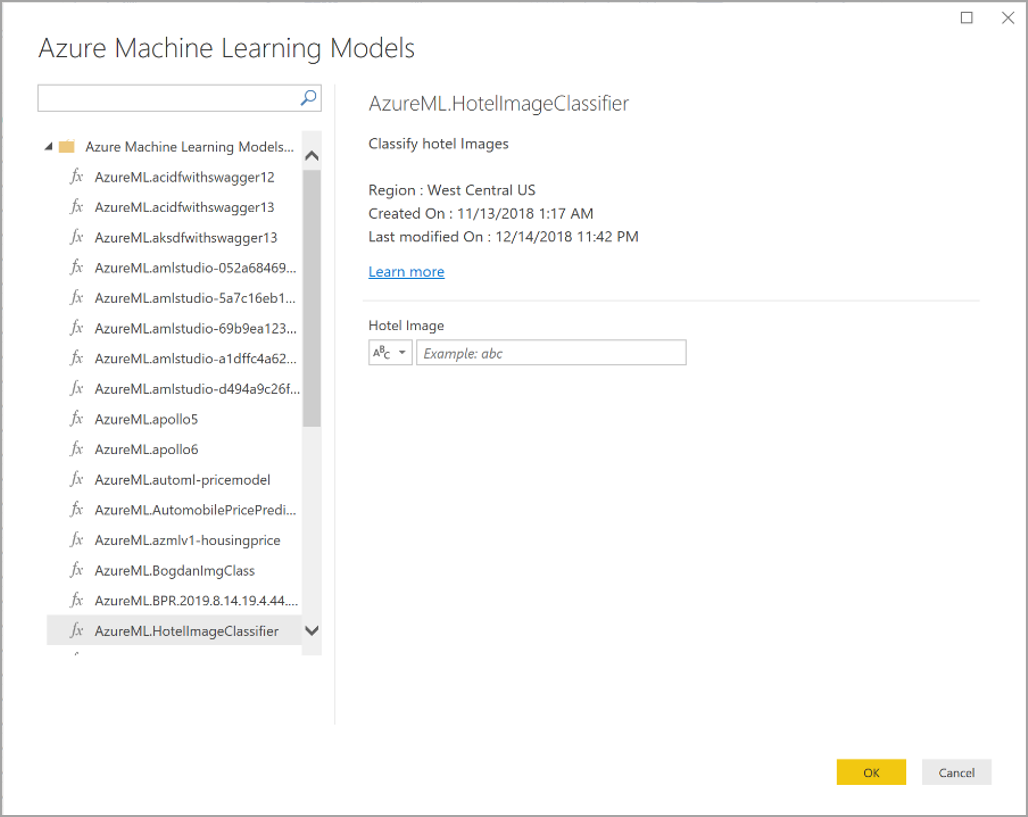 Screenshot of the Azure Machine Learning Models dialog box.